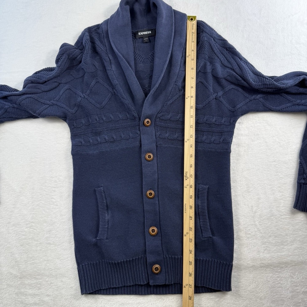Express Sz S Cardigan Sweater Shawl Collar Fisherman Navy Knit Button Front Mens - Picture 9 of 11